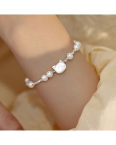 Buddha Stones Pearl Cat Head Tridacna Stone Silver Healing Bracelet - Pearl(Wrist Circumference 14-16cm)