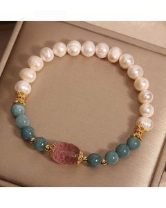 Buddha Stones Pearl Jade Strawberry Quartz Purity Bracelet - Pearl& Jade(Wrist Circumference: 14-16cm)
