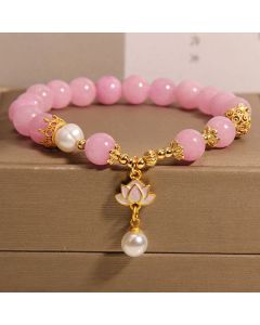 Buddha Stones Pink Quartzite Pearl Lotus Charm Harmony Bracelet - Pink Quartzite(Wrist Circumference: 14-17cm)