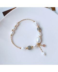 Buddha Stones Pearl Moonstone Strawberry Quartz Bead Optimism Bracelet - 5.51-6.39 in / 14-16 cm