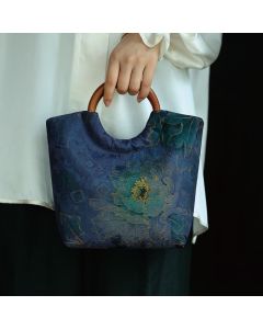Buddha Stones Peony Flower Bamboo Leaves Bird Solid Wood Handle Handbag - Dark Blue 22*19*11cm