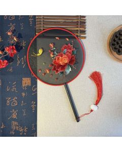 Buddha Stones Peony Flowers Butterfly Embroidered Handheld Wood Handle Fan - White Two Peonies Butterfly 21*15cm