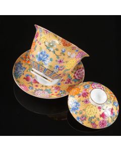 Buddha Stones Peony Flowers Ceramic Gaiwan Sancai Teacup Kung Fu Tea Cup And Saucer With Lid - White 9.5cm*9.3cm*160ml