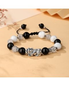 Buddha Stones Pi Xiu Six True Words 999 Sterling Silver Black Obsidian White Turquoise Chrysoberyl Luck Bracelet - 2 PCs