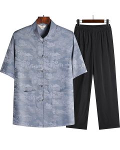 Buddha Stones Pine Tree Pavilion Garden Tang Suit Hanfu Traditional Uniform Short Sleeve Top Pants Clothing Men's Set - Gray / Top&Pants / US/UK/AU34,EU44 (M)