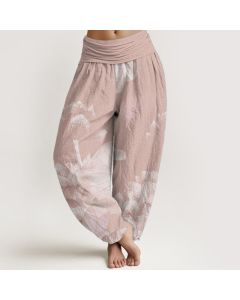 Buddha Stones Cotton Pink And White Lotus Women's Elastic Waist Harem Pants - DarkKhaki / US22，UK/AU26，EU54 (6XL)