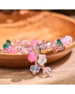 Buddha Stones Pink Crystal Green Crystal White Crystal Flower Warmth Bracelet - Pink Green White Crystal(Wrist Circumference: 14-16cm)