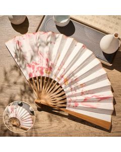 Buddha Stones Pink Gold Lacquer Floating Pattern Ink Bamboo Paper Folding Fan - 10-inch Folding Fan Pink Gold / Closed Size: Approx. 33 cm /13.0 in