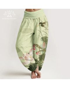 Buddha Stones Cotton Pink Lotus Leaves Bird Pattern Women's Elastic Waist Harem Pants - PaleVioletRed / US22，UK/AU26，EU54 (6XL)