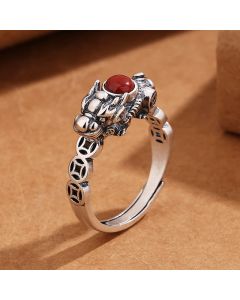 Buddha Stones PiXiu Copper Coin Red Agate Wealth Luck Ring - PiXiu(Wealth♥Luck)
