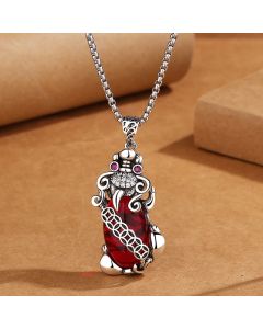 Buddha Stones PiXiu Garnet Copper Coin Wealth Luck Necklace Pendant - PiXiu&Leather Rope