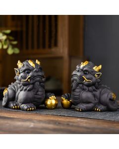 Buddha Stones PiXiu Ingot Ball Purple Clay Ceramic Tea Pet Wealth Home Figurine Decoration - Pixiu Gold Ingot 11.5*7.5*10cm