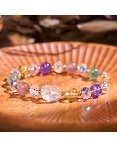 Buddha Stones PiXiu White Crystal Citrine Green Strawberry Quartz Amethyst Luck Bracelet - Various Crystal(Wrist Circumference: 14-16cm)