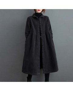 Buddha Stones Plain Buttons Long Sleeve Women's Corduroy Fleece-Lined Coat With Pockets - Black / US4，UK/AU8，EU36 (L)