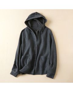 Buddha Stones Plain Buttons Women's Hooded Jacket With Pockets - Black / US8-10，UK/AU12-14，EU40-42 (2XL)