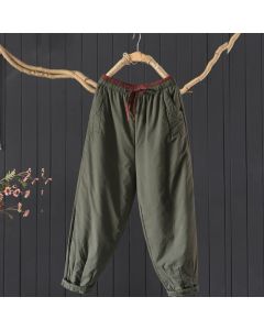 Buddha Stones Plain Color Blocking Cotton Polyester Thick Women's Pants With Pockets - DarkOliveGreen / US6，UK/AU10，EU38 (XL)