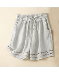 Buddha Stones Plain Color Bottom Hollow Lace Design Lace-up Cotton Women's Shorts With Pockets - Goldenrod / US12，UK/AU16，EU44 (3XL)