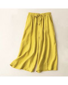 Buddha Stones Plain Color 7-8 Length Capri Cropped Pants Cotton Linen Women's Wide Leg Pants With Pockets - White / US12，UK/AU16，EU44 (3XL)