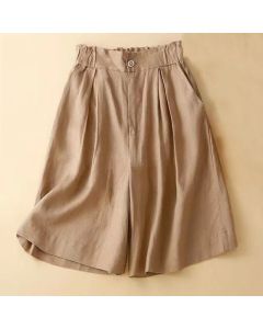 Buddha Stones Plain Color Pleated Zipper Button Cotton Linen Women's Shorts With Pockets - SeaGreen / US12，UK/AU16，EU44 (3XL)