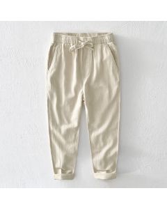 Buddha Stones Casual Solid Color Simple Design Drawstring Ramie Linen Men's Pants With Pockets - Goldenrod / US/UK/AU44，EU54 (4XL)
