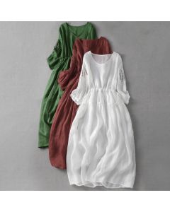 Buddha Stones Embroidery Patchwork Long Puff Sleeve Drawstring Midi Dress With Pockets - White / US8-10，UK/AU12-14，EU40-42 (2XL)