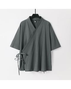 Buddha Stones Plain Lace-up Cotton Linen Men's Three Quarter Sleeve Kimono - White / US/UK/AU54，EU64 (9XL)