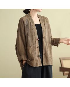 Buddha Stones Plain Long Sleeve Women's Cotton Linen Jacket With Pockets - Tan / US6，UK/AU10，EU38 (M)