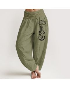 Buddha Stones Plain Lotus Om Pattern Women's Elastic Waist Harem Cotton Pants - Tan / US12，UK/AU16，EU44 (XL)