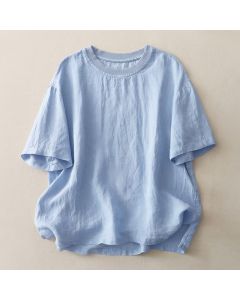 Buddha Stones Plain Threaded Crew Neck Design Women's Short Sleeves Shirt - Linen / US14，UK/AU18，EU46 (2XL)