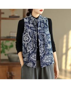 Buddha Stones Plant Pattern Frog-button Women's Sleeveless Cotton Vest Waistcoat With Pockets - MidnightBlue / US6，UK/AU10，EU38 (XL)