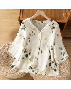 Buddha Stones Plant Printed V-neck Button Design Women's Polyester Three Quarter Sleeve Shirt - Black / US14，UK/AU18，EU46 (2XL)