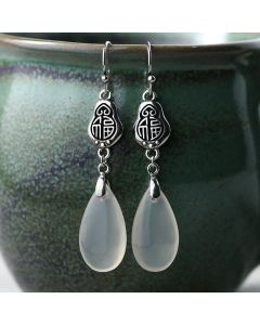 Buddha Stones 925 Sterling Silver Posts Natural Chalcedony Fu Character Positive Harmony Earrings - Chalcedony(925 Sterling Silver Posts)