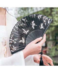 Buddha Stones Plum Blossom Crane Silk Handheld Bamboo Folding Fan - Black Plum Crane 18cm(With Gift Box)