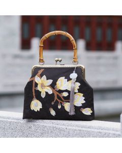 Buddha Stones Plum Blossom Embroidery Bamboo Handle Handbag Crossbody Bag - Plum Blossom Black 23*7*26cm