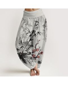 Buddha Stones Cotton Plum Blossoms Bamboo Orchids Chrysanthemums Pattern Women's Elastic Waist Harem Pants - MediumPurple / US22，UK/AU26，EU54 (6XL)