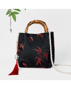 Buddha Stones Polyester Cotton Embroidery Leaves Bamboo Handle Pearl Crossbody Bag Hangbags - Black- 20*20*8cm
