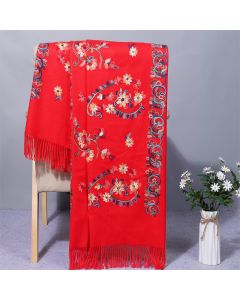 Buddha Stones Polyester Shawl Colorful Flower Ethnic Style Embroidery Tassel Winter Cozy Travel Scarf Wrap - Red / 200*70cm