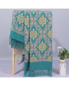 Buddha Stones Polyester Shawl Symmetry Gold Filigree Embroidery Tassel Winter Cozy Travel Scarf Wrap - DarkCyan / 200*70cm