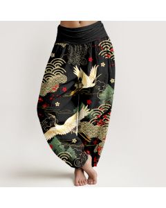 Buddha Stones Print Crane Auspicious Clouds Flowers Pattern Women's Elastic Waist Harem Cotton Pants - MediumSeaGreen / US4，UK/AU8，EU36 (S)