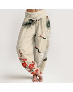 Buddha Stones Print Cranes Plum Blossoms Pattern Women's Elastic Waist Harem Cotton Pants - FireBrick / US22，UK/AU26，EU54 (6XL)