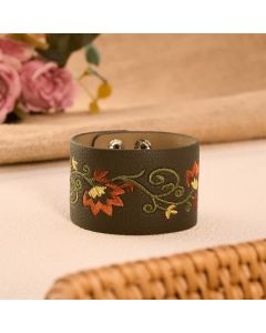 Buddha Stones Protection Leather Floral Embroidered Adjustable Buckle Bracelet - Brown(Wrist Circumference: Approx. 5.9–6.7 in / 15–17 cm)