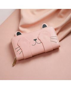 Buddha Stones PU Leather Sweet Kitten Long Zip Around Purse - Pink (Approx. 19 cm × 2 cm × 10 cm)