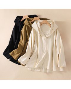 Buddha Stones Pure Color Hooded Women's Long Sleeve Cotton Jacket With Pockets - Black / US14，UK/AU18，EU46 (2XL)