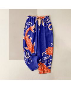 Buddha Stones Pure Cotton Artistic Koi Wave Pattern Women's Elastic Waist Pants With Pockets - MediumBlue / US4，UK/AU8，EU36 (S)