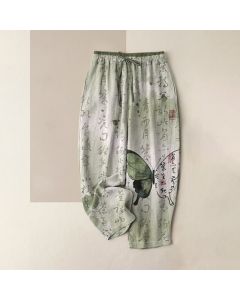Buddha Stones Pure Cotton Artistic Script Butterfly Pattern Women's Elastic Waist Pants With Pockets - PaleTurquoise / US4，UK/AU8，EU36 (S)