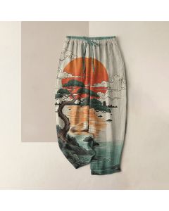 Buddha Stones Pure Cotton Artistic Sunset Pine Pattern Women's Elastic Waist Pants With Pockets - MediumAquamarine / US4，UK/AU8，EU36 (S)