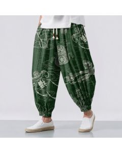 Buddha Stones Pure Cotton Auspicious Cloud Coin Script Pattern Drawstring Men's Harem Pants With Pockets - ForestGreen / US/UK/AU44，EU54 (2XL)