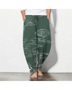 Buddha Stones Pure Cotton Auspicious Cloud Crane Pattern Drawstring Men's Tapered Pants With Pockets - Teal / US/UK/AU38，EU48 (M)
