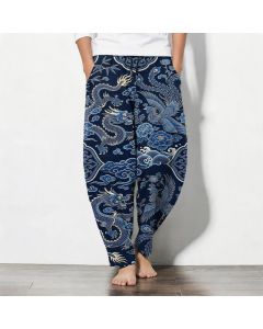 Buddha Stones Pure Cotton Azure Dragon Cloud Pattern Drawstring Men's Tapered Pants With Pockets - Navy / US/UK/AU38，EU48 (M)