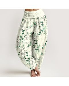 Buddha Stones Pure Cotton Bamboo Leaf Calligraphy Pattern Women's Elastic Waist Harem Pants - Pink / US8-10，UK/AU12-14，EU40-42 (L)